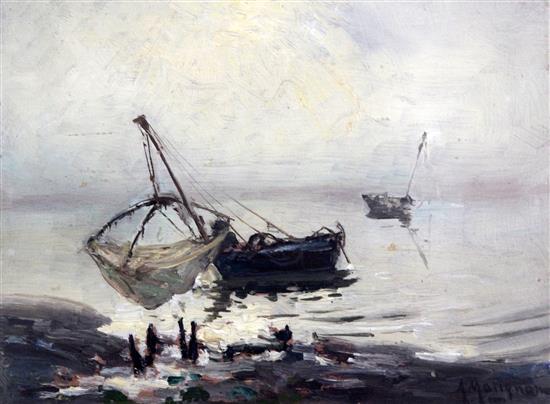 A. Matignon Fishing boats along the coast, 7 x 9.75in.